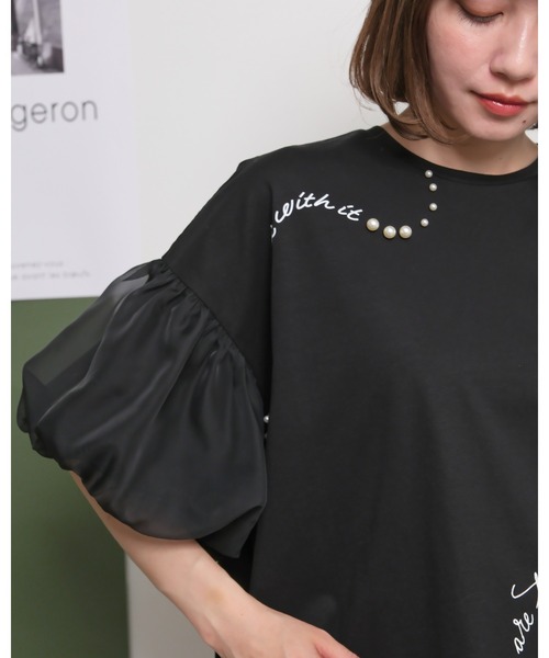 palm RICHE(ポームリシュ)の「シアーバルーン半袖Tシャツ ロゴプリント&パールデザイン(Tシャツ/カットソー・レディース・レッド/オフホワイト/ブラック・M)」の8枚目の写真