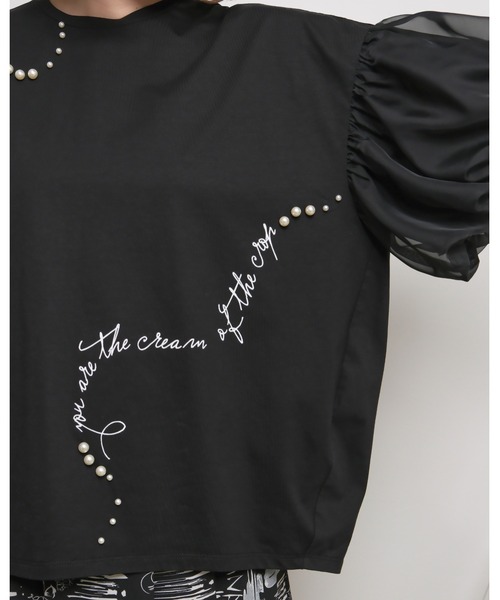 tシャツ シアーバルーン半袖Tシャツ　ロゴプリント＆パールデザイン レディース シアーバルーン半袖Tシャツ ロゴプリント＆パールデザイン Palm