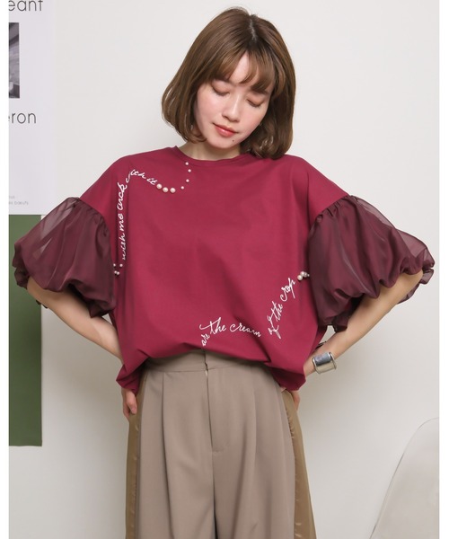 palm RICHE(ポームリシュ)の「シアーバルーン半袖Tシャツ ロゴプリント&パールデザイン(Tシャツ/カットソー・レディース・レッド/オフホワイト/ブラック・M)」の11枚目の写真