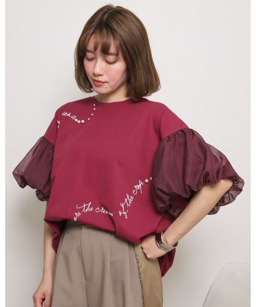 palm RICHE(ポームリシュ)の「シアーバルーン半袖Tシャツ ロゴプリント&パールデザイン(Tシャツ/カットソー・レディース・レッド/オフホワイト/ブラック・M)」の12枚目の写真