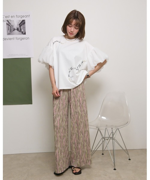palm RICHE(ポームリシュ)の「シアーバルーン半袖Tシャツ ロゴプリント&パールデザイン(Tシャツ/カットソー・レディース・レッド/オフホワイト/ブラック・M)」の15枚目の写真