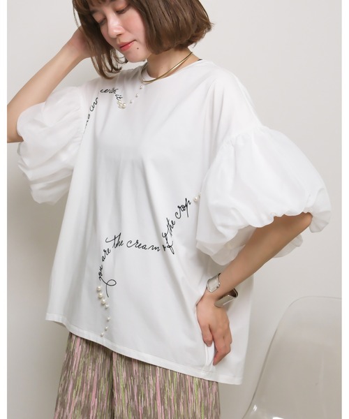 palm RICHE(ポームリシュ)の「シアーバルーン半袖Tシャツ ロゴプリント&パールデザイン(Tシャツ/カットソー・レディース・レッド/オフホワイト/ブラック・M)」の19枚目の写真