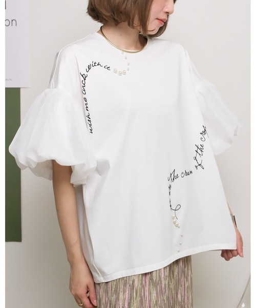 palm RICHE(ポームリシュ)の「シアーバルーン半袖Tシャツ ロゴプリント&パールデザイン(Tシャツ/カットソー・レディース・レッド/オフホワイト/ブラック・M)」の6枚目の写真