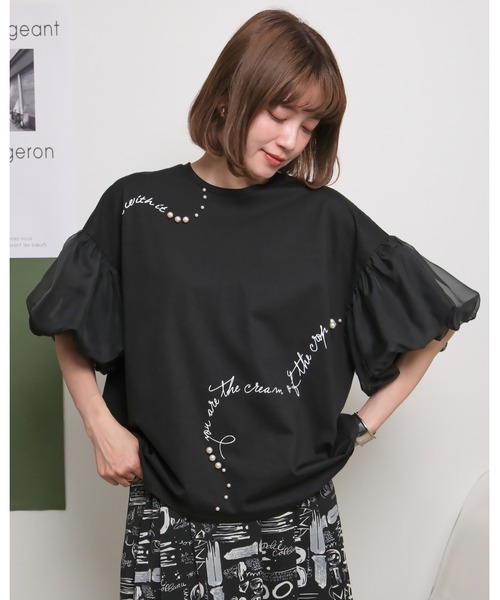 palm RICHE(ポームリシュ)の「シアーバルーン半袖Tシャツ ロゴプリント&パールデザイン(Tシャツ/カットソー・レディース・レッド/オフホワイト/ブラック・M)」の7枚目の写真