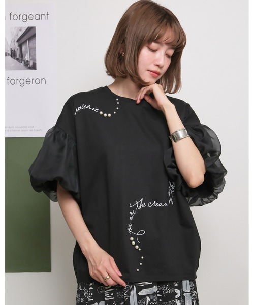 tシャツ シアーバルーン半袖Tシャツ　ロゴプリント＆パールデザイン レディース シアーバルーン半袖Tシャツ ロゴプリント＆パールデザイン Palm