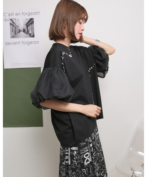 シアーバルーン半袖Tシャツ ロゴプリント＆パールデザイン Palm