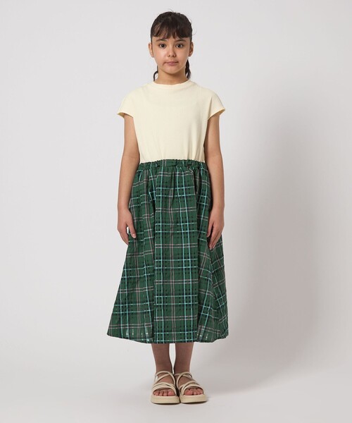 七里　前開きワンピース　グリーンチェック　L（120-130） 七里 前開きワンピース グリーンチェック L（120-130