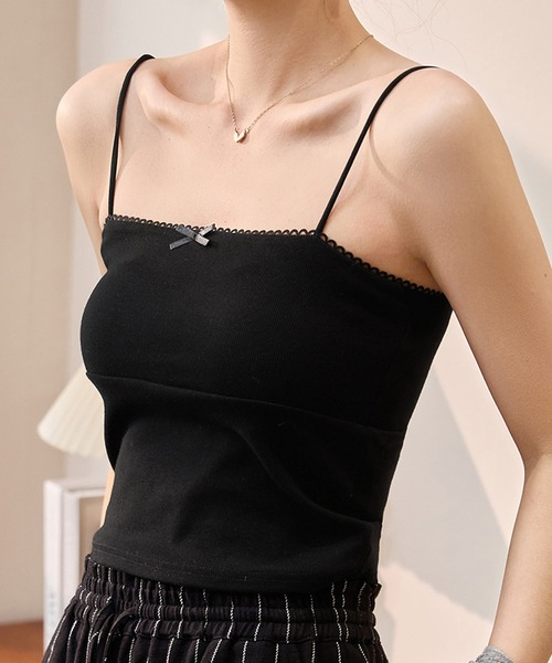 Lace Ladies(レースレディース)の「ソリッドカラー リボン ベーシック カップ付き キャミソール(キャミソール・レディース・ホワイト/ブラック/グレー・FREE)」の1枚目の写真