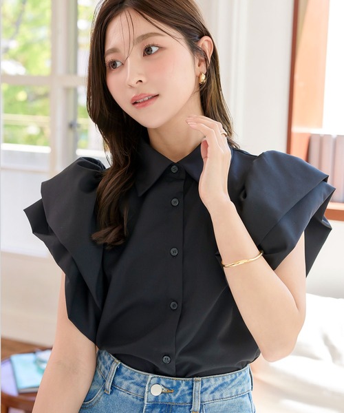 KOBE LETTUCE(コウベレタス)の「シワになりにくい 袖フリルプチ襟ブラウストップス(シャツ/ブラウス・レディース・ブラック/ホワイト・M)」の9枚目の写真