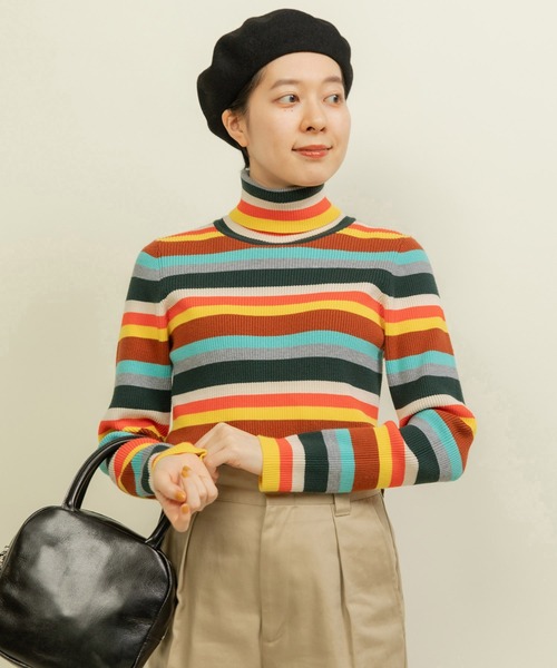 CHILD WOMAN（チャイルドウーマン）の「もちもちマルチボーダー リブタートル（ニット/セーター・レディース・ブラウン/ネイビー・FREE）」の14枚目の写真