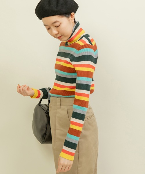 CHILD WOMAN（チャイルドウーマン）の「もちもちマルチボーダー リブタートル（ニット/セーター・レディース・ブラウン/ネイビー・FREE）」の15枚目の写真