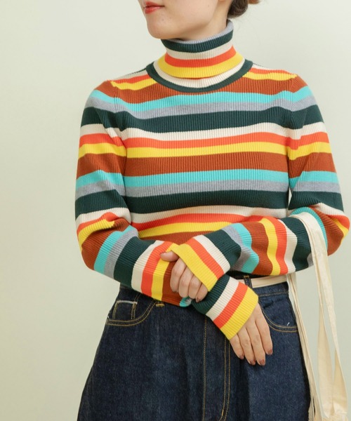 CHILD WOMAN（チャイルドウーマン）の「もちもちマルチボーダー リブタートル（ニット/セーター・レディース・ブラウン/ネイビー・FREE）」の4枚目の写真