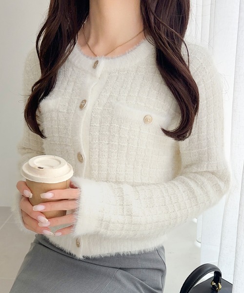 セール】【mily bilet】ツィードライクフェザー切り替えラメニット