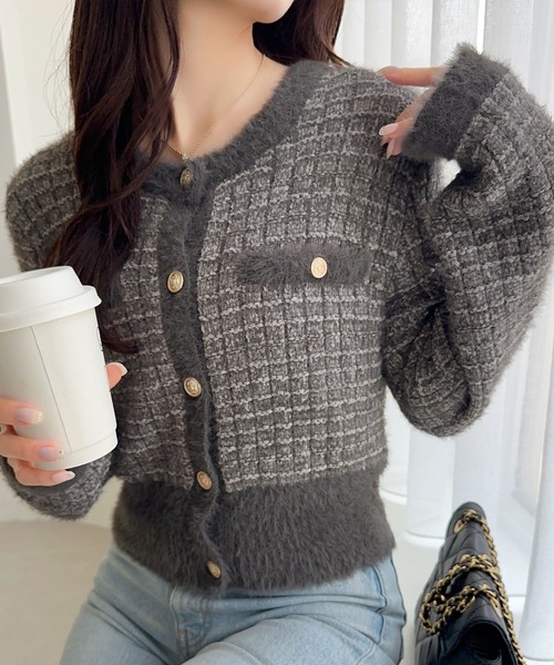 セール】【mily bilet】ツィードライクフェザー切り替えラメニット