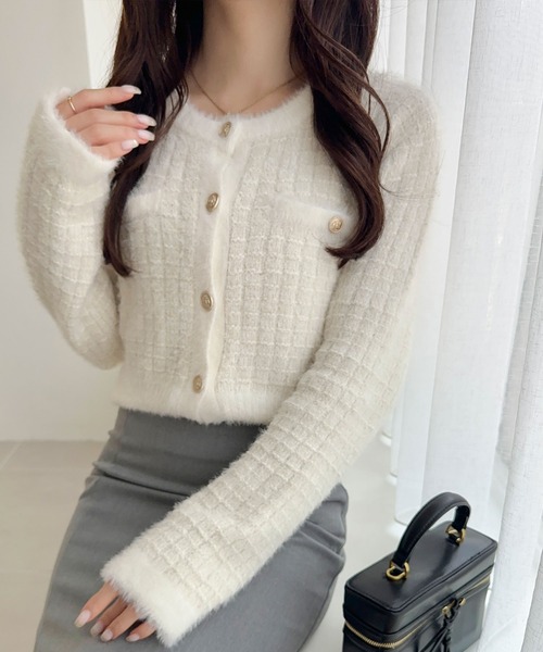 mily bilet(ミウィビレット)の「【mily bilet】ツイードライクフェザー切り替えラメニットジャケット(カーディガン/ボレロ・レディース・ホワイト/ベージュ/チャコールグレー・LARGE/MEDIUM/SMALL/X-LARGE)」の7枚目の写真