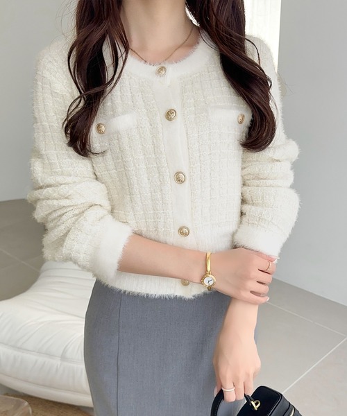 mily bilet(ミウィビレット)の「【mily bilet】ツイードライクフェザー切り替えラメニットジャケット(カーディガン/ボレロ・レディース・ホワイト/ベージュ/チャコールグレー・LARGE/MEDIUM/SMALL/X-LARGE)」の10枚目の写真