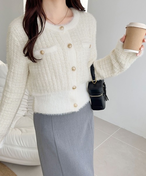 セール】【mily bilet】ツィードライクフェザー切り替えラメニット