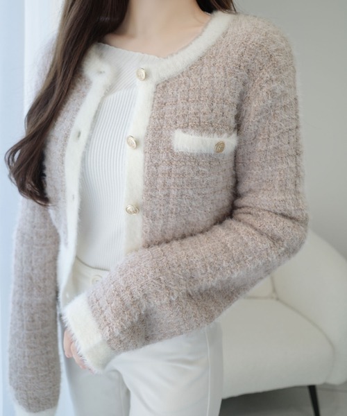 mily bilet(ミウィビレット)の「【mily bilet】ツイードライクフェザー切り替えラメニットジャケット(カーディガン/ボレロ・レディース・ホワイト/ベージュ/チャコールグレー・LARGE/MEDIUM/SMALL/X-LARGE)」の19枚目の写真