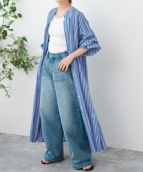 haupia シャツワンピース　ストライプ Spick & Span｜HYU ストライプギャザーシャツワンピース