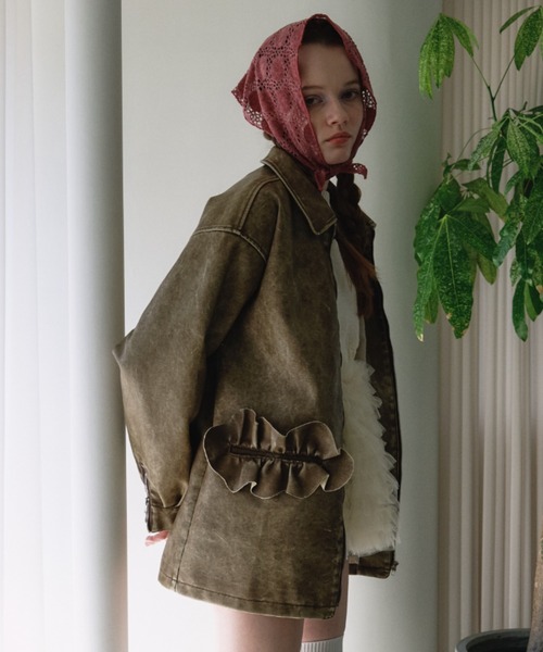 HONEY MI HONEY（ハニーミーハニー）の「frill pocket leather like blouson（ブルゾン・レディース・ブラック/ブラウン/ベージュ・FREE）」の3枚目の写真