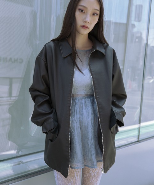 HONEY MI HONEY（ハニーミーハニー）の「frill pocket leather like blouson（ブルゾン・レディース・ブラック/ブラウン/ベージュ・FREE）」の8枚目の写真