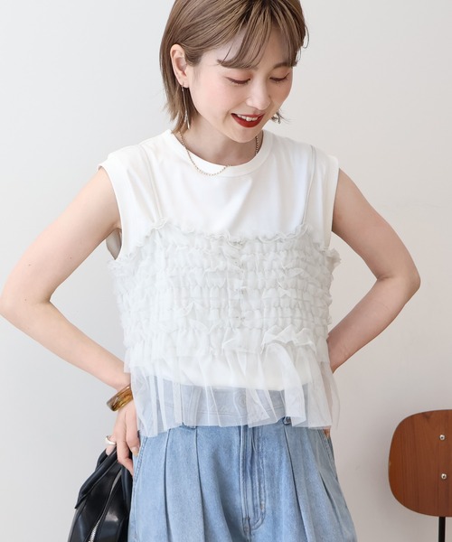 AMERICAN HOLIC(アメリカンホリック)の「SETチュールキャミ+ノースリーブカットプルオーバー(Tシャツ/カットソー・レディース・アイボリー/チャコールグレー/ブラック・M/L)」の1枚目の写真