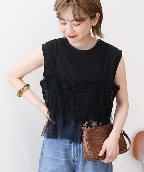 AMERICAN HOLIC(アメリカンホリック)の「SETチュールキャミ+ノースリーブカットプルオーバー(Tシャツ/カットソー・レディース・アイボリー/チャコールグレー/ブラック・M/L)」の7枚目の写真