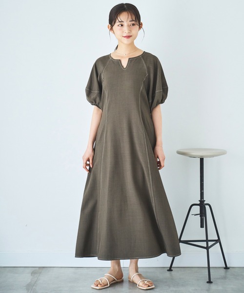 mil(ミル)の「ランタンスリーブ キーネックワンピース(ワンピース・レディース・グレイッシュベージュ/ダークブラウン/ブラック・XS/S)」の17枚目の写真