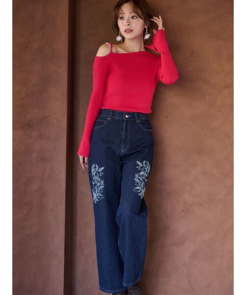 MERCURYDUO（マーキュリーデュオ）の「アシメパールチェーンワンショルニット（ニット/セーター・レディース・チャコールグレー/ブラック/ベージュ/レッド/ブラウン/ブルー・FREE）」の18枚目の写真