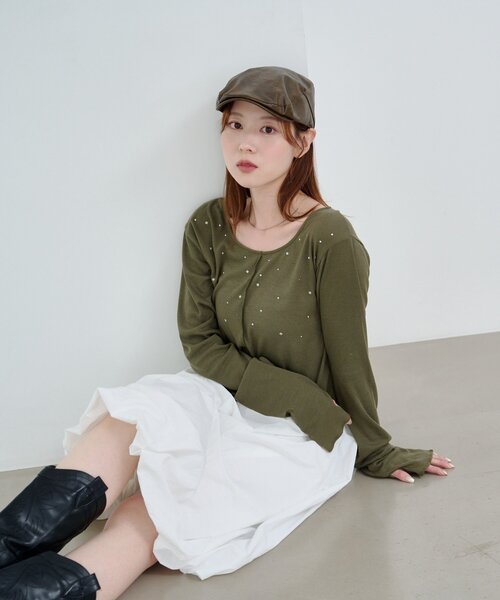 Kastane(カスタネ)の「*スタッズリブカットソー(Tシャツ/カットソー・レディース・カーキ/ネイビー/オフホワイト・FREE)」の18枚目の写真