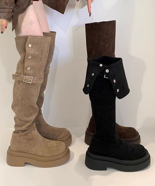 c.u.l（シーユーエル）の「厚底 スエード調 2WAY ベルト付き ニーハイロングブーツ culs146（ブーツ・レディース・ブラック/ベージュ・39/38/37/36）」の3枚目の写真