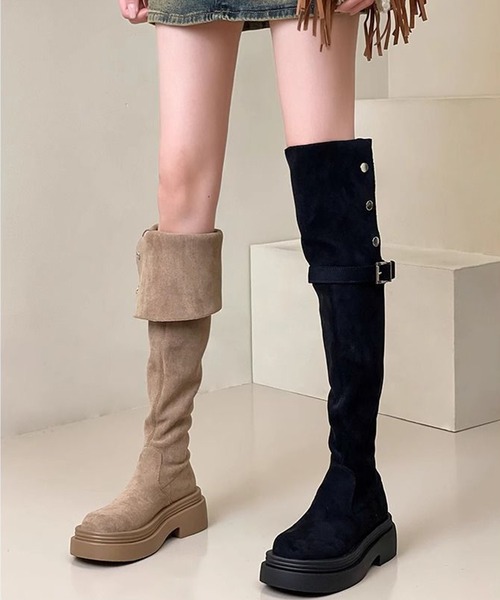 c.u.l（シーユーエル）の「厚底 スエード調 2WAY ベルト付き ニーハイロングブーツ culs146（ブーツ・レディース・ブラック/ベージュ・39/38/37/36）」の4枚目の写真