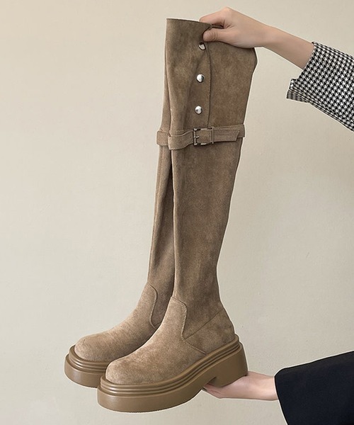 厚底 スエード調 2WAY ベルト付き ニーハイロングブーツ culs146