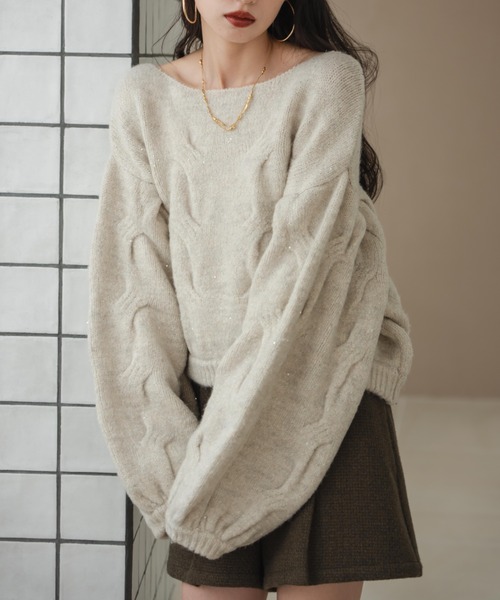 hinari(ヒナリ)の「ケーブルMIXラメニット(ニット/セーター・レディース・ピンク/テラコッタ/アイボリー・FREE)」の2枚目の写真