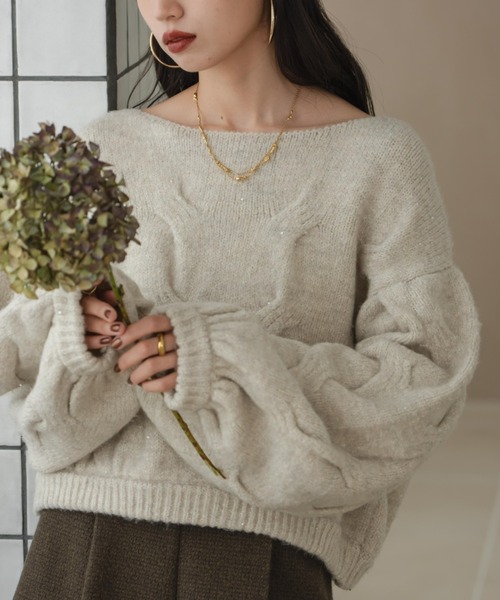 hinari(ヒナリ)の「ケーブルMIXラメニット(ニット/セーター・レディース・ピンク/テラコッタ/アイボリー・FREE)」の10枚目の写真