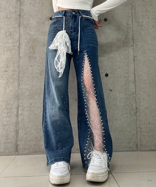 GLAMOROUS JANE（グラマラスジェーン）の「レース×パール切替ビジュー付きワイドパンツ（デニムパンツ・レディース・ブルー・S/M/L）」の12枚目の写真