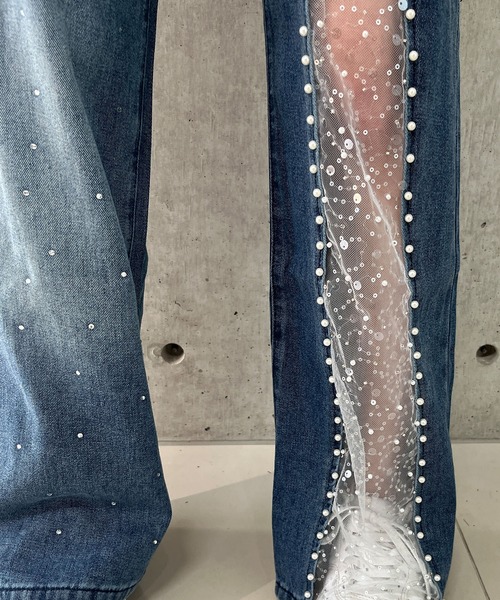 GLAMOROUS JANE（グラマラスジェーン）の「レース×パール切替ビジュー付きワイドパンツ（デニムパンツ・レディース・ブルー・S/M/L）」の7枚目の写真