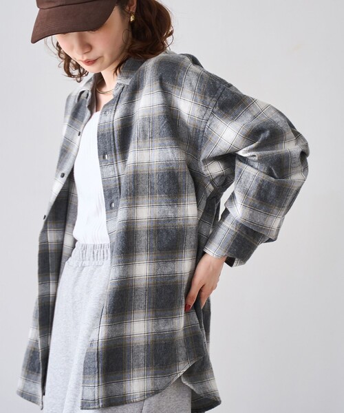 coen（コーエン）の「オンブレチェックライトネルレギュラーシャツ（シャツ/ブラウス・レディース・オフホワイト/ダークグレー/ネイビー/ブラウン・L/M）」の3枚目の写真
