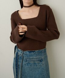 Omekashi | チョーカー付きリブスクエアニット(ニット/セーター)