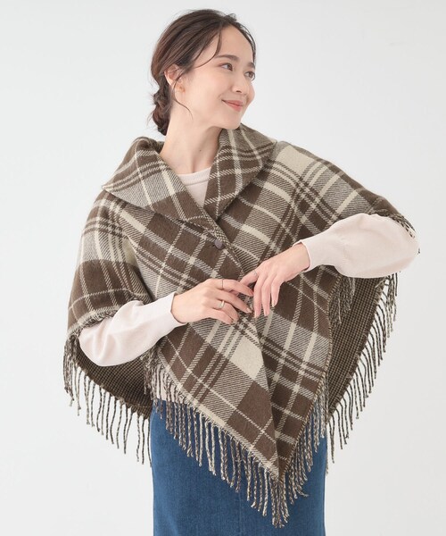 セール】【リバーシブル】襟元ギャザー チェックポンチョ（ポンチョ