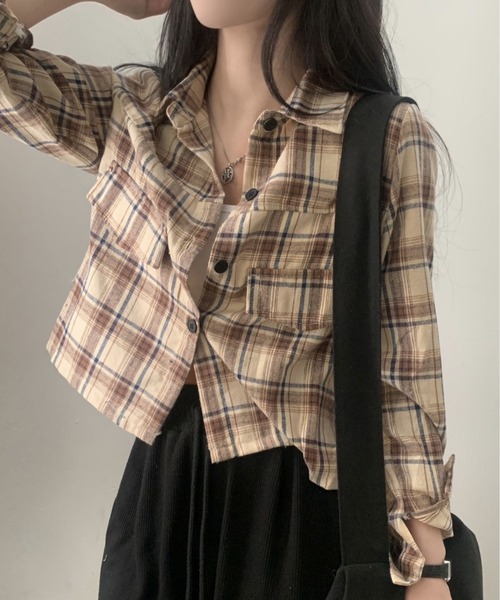 MAISON DE THERESE(メゾン ド テレーズ)の「ショートのチェックシャツ(シャツ/ブラウス・レディース・ベージュ/ネイビー・S/M/L)」の1枚目の写真