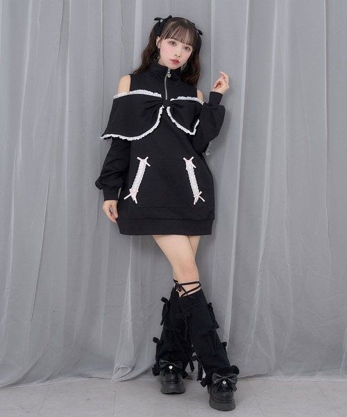 Honey Cinnamon(ハニーシナモン)の「リボンライクハーフジップスウェットワンピース(ワンピース・レディース・ブラック/ライトグレー・FREE)」の5枚目の写真
