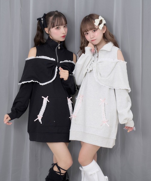 Honey Cinnamon(ハニーシナモン)の「リボンライクハーフジップスウェットワンピース(ワンピース・レディース・ブラック/ライトグレー・FREE)」の9枚目の写真