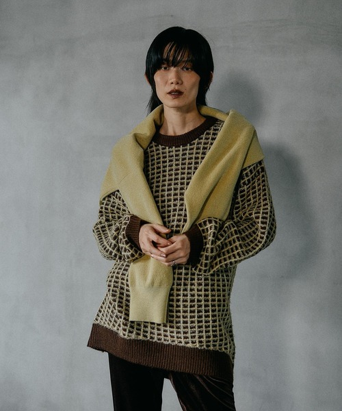 【JURGEN LEHL】総柄ジャガードアシンメトリーニットチュニック M セール】ジャガード柄ニットチュニック 600814（ニット/セーター