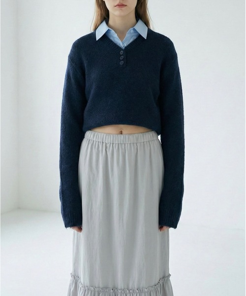 SALTMINT（ソルトミント）の「レイヤード風シャツコンビニットプルオーバー（ニット/セーター・レディース・グレー/ネイビー/ホワイト・FREE）」の3枚目の写真