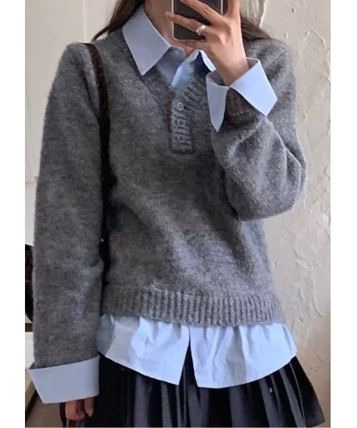 SALTMINT（ソルトミント）の「レイヤード風シャツコンビニットプルオーバー（ニット/セーター・レディース・グレー/ネイビー/ホワイト・FREE）」の7枚目の写真