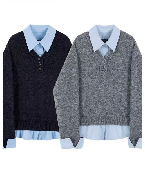 SALTMINT（ソルトミント）の「レイヤード風シャツコンビニットプルオーバー（ニット/セーター・レディース・グレー/ネイビー/ホワイト・FREE）」の5枚目の写真