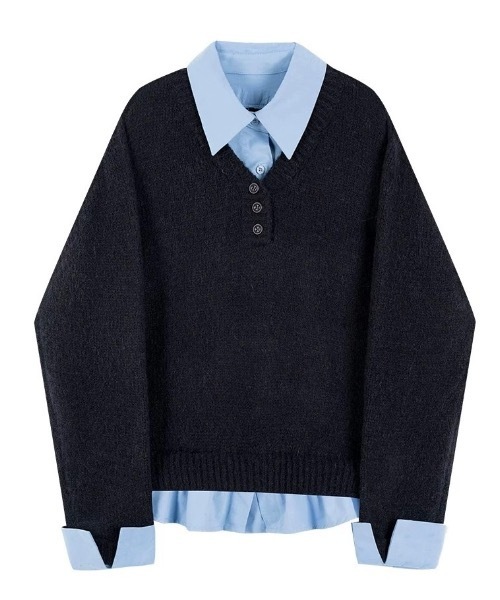 SALTMINT（ソルトミント）の「レイヤード風シャツコンビニットプルオーバー（ニット/セーター・レディース・グレー/ネイビー/ホワイト・FREE）」の4枚目の写真