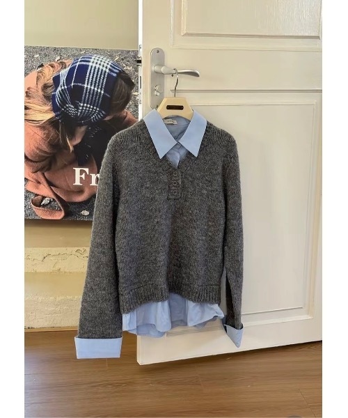 SALTMINT（ソルトミント）の「レイヤード風シャツコンビニットプルオーバー（ニット/セーター・レディース・グレー/ネイビー/ホワイト・FREE）」の8枚目の写真