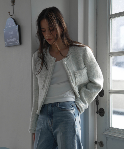 DEHEVE（デヘヴェ）の「Fringe Trimming Tweed Jacket [Mixed Ivory]（その他アウター・レディース・アイボリー・SMALL/MEDIUM）」の2枚目の写真